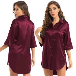 Sleepwear Women Satin 3/4 Sleeve Nightshirt  Shirt Nightgown Solid Color Sleepshirt Nightdress  Female Ladies Pyjamas Pajama