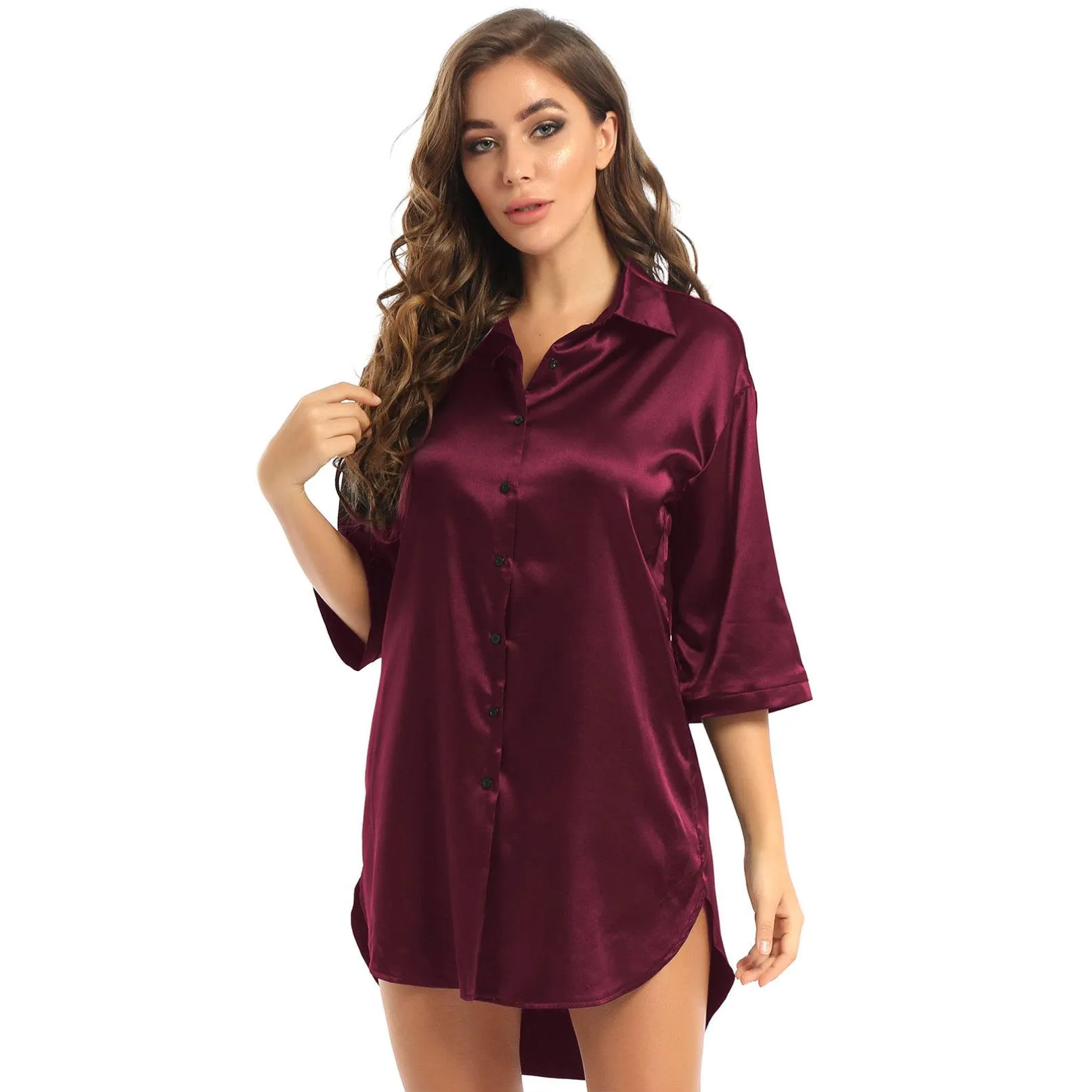 Sleepwear Women Satin 3/4 Sleeve Nightshirt  Shirt Nightgown Solid Color Sleepshirt Nightdress  Female Ladies Pyjamas Pajama