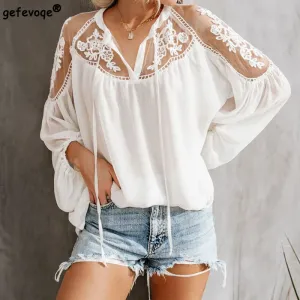 Solid Color Chiffon V-neck Lace Hollow Out Embroidery Women's Blouse