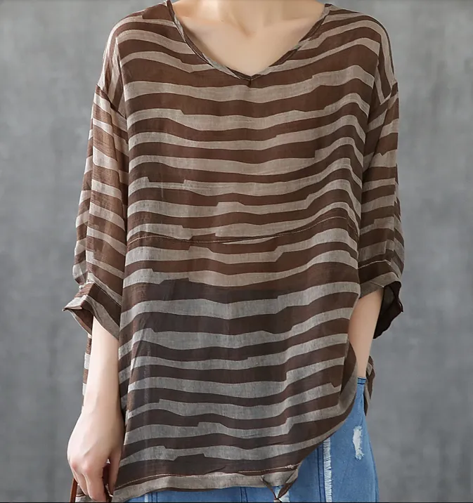 Striped Summer Women Casual Blouse Cotton  Linen Shirts Tops DZA2007191