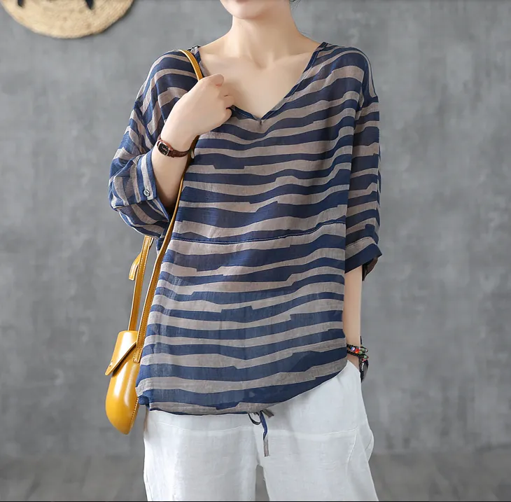 Striped Summer Women Casual Blouse Cotton  Linen Shirts Tops DZA2007191