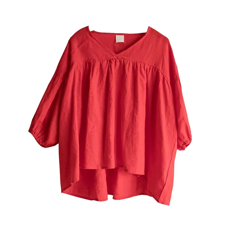 Women Linen Tops Women Blouse Short Sleeves Loose Style