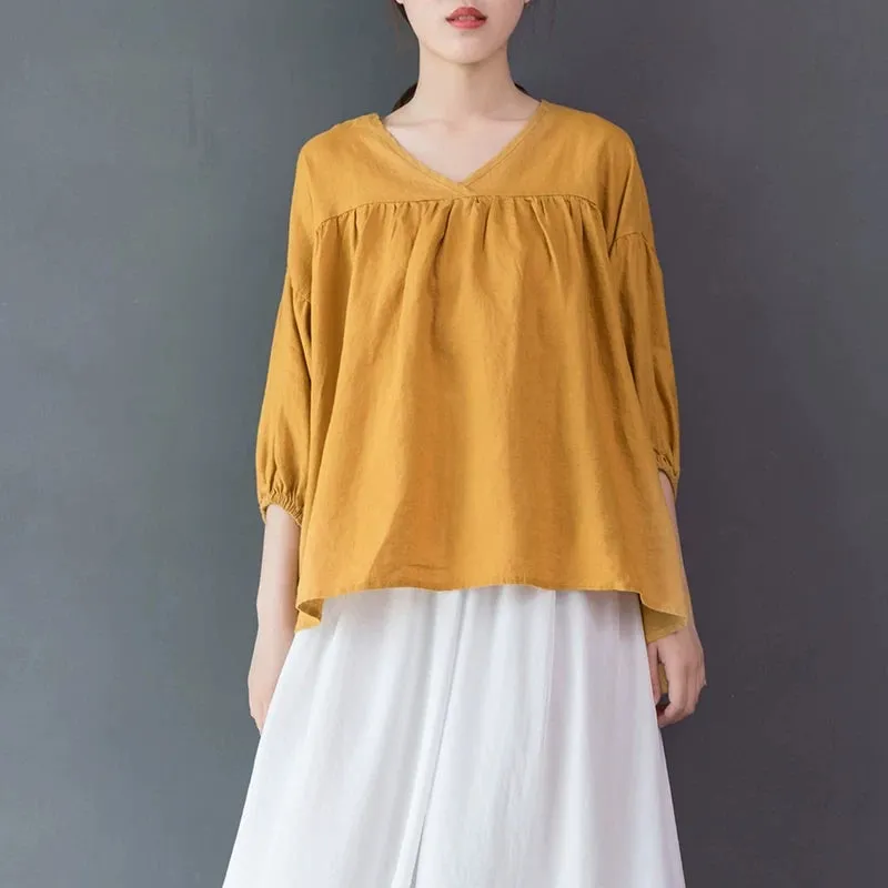 Women Linen Tops Women Blouse Short Sleeves Loose Style