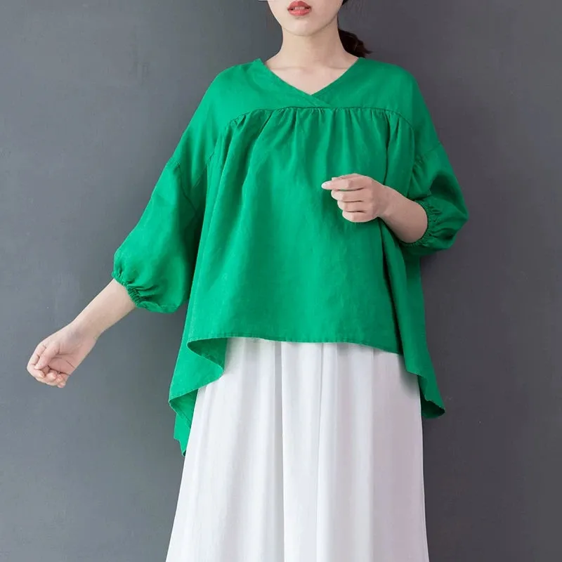 Women Linen Tops Women Blouse Short Sleeves Loose Style