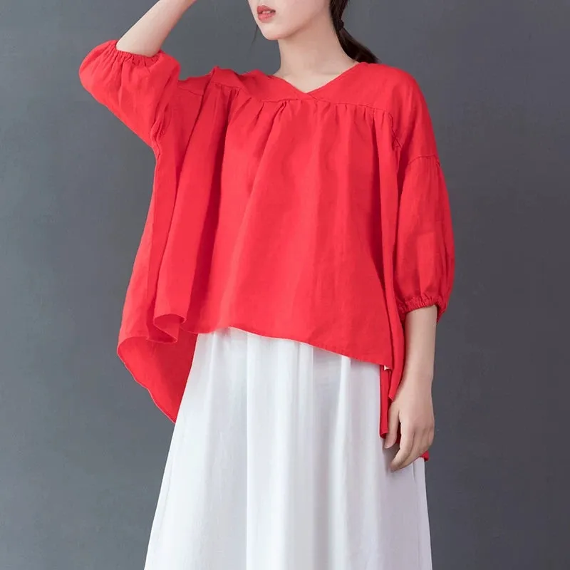 Women Linen Tops Women Blouse Short Sleeves Loose Style