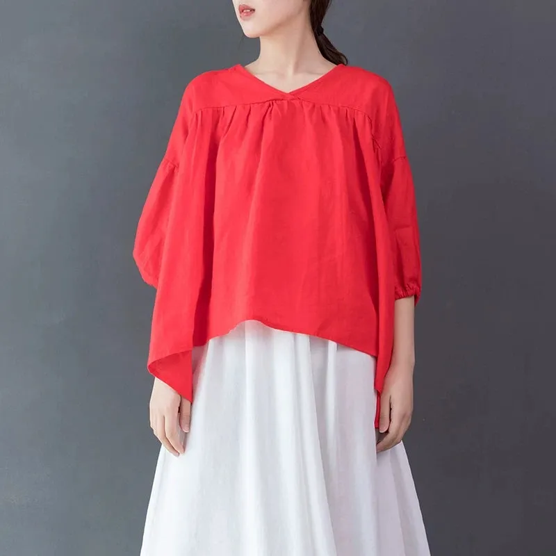 Women Linen Tops Women Blouse Short Sleeves Loose Style