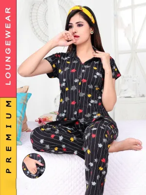 Women's Black Floral Cotton Printed Nigh suit Pajama Set