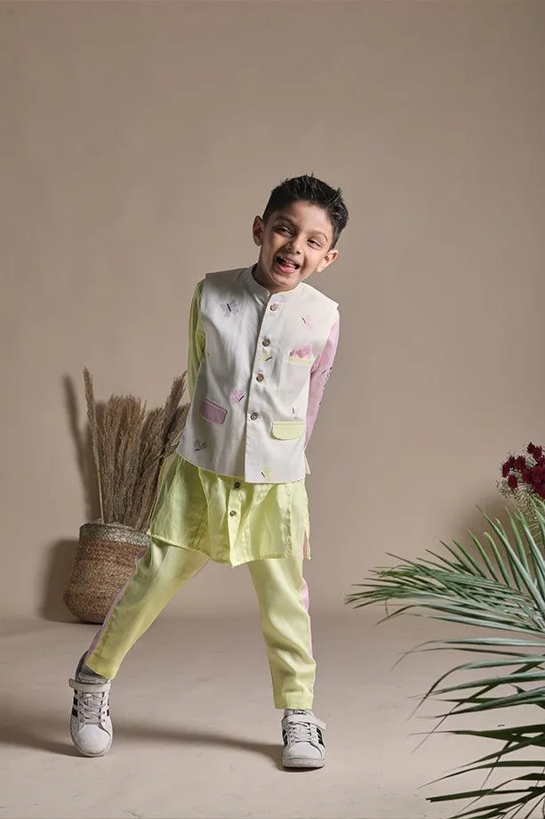 Yellow Buttefly Print Bandi Long Kurta and Pink & Yellow Pants Set for Boys