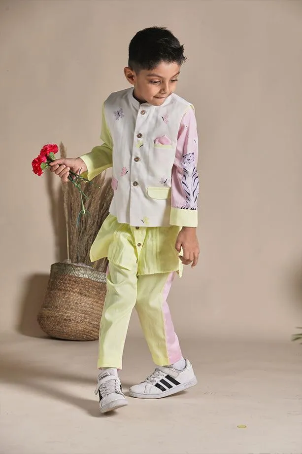 Yellow Buttefly Print Bandi Long Kurta and Pink & Yellow Pants Set for Boys