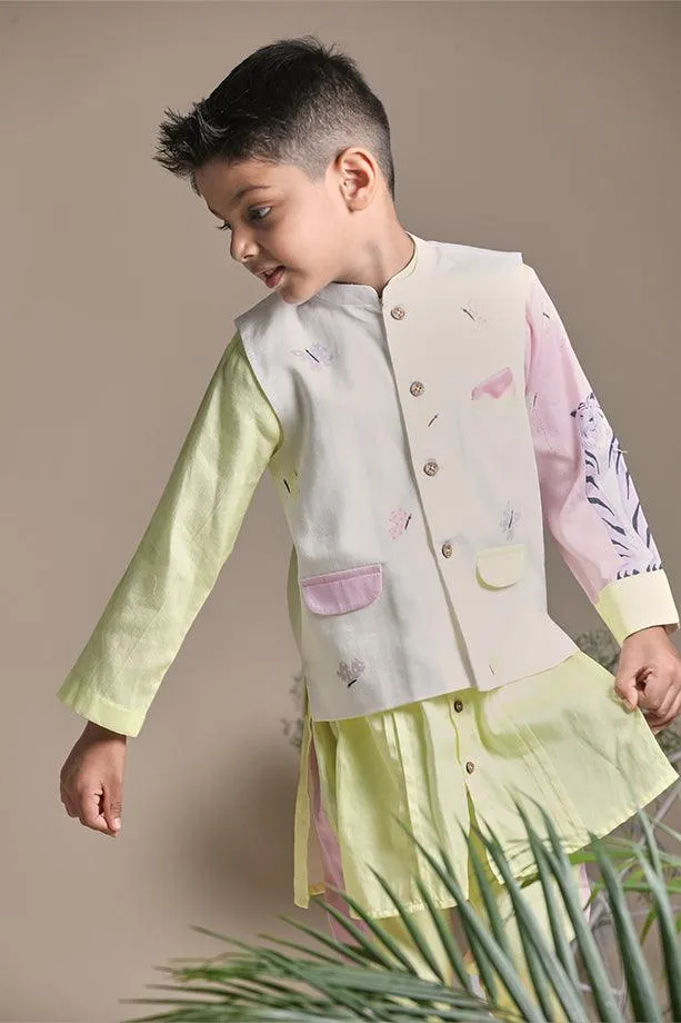 Yellow Buttefly Print Bandi Long Kurta and Pink & Yellow Pants Set for Boys