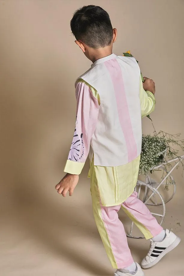 Yellow Buttefly Print Bandi Long Kurta and Pink & Yellow Pants Set for Boys