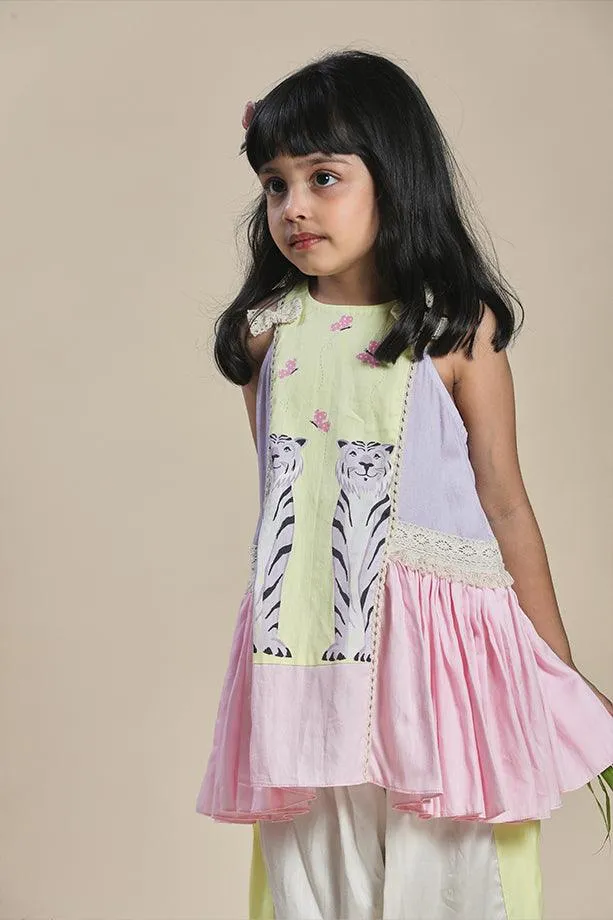 Yellow, Lavender and Pink Frilled A-line Kurta and Off-White Salwar Set for Girls