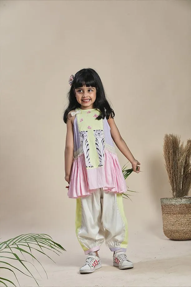 Yellow, Lavender and Pink Frilled A-line Kurta and Off-White Salwar Set for Girls