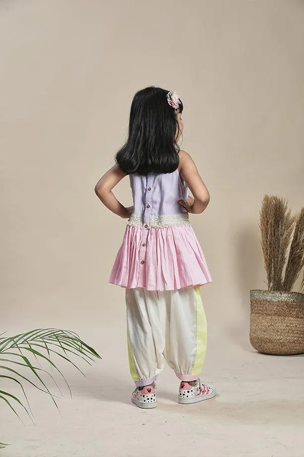 Yellow, Lavender and Pink Frilled A-line Kurta and Off-White Salwar Set for Girls