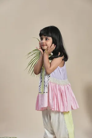 Yellow, Lavender and Pink Frilled A-line Kurta and Off-White Salwar Set for Girls